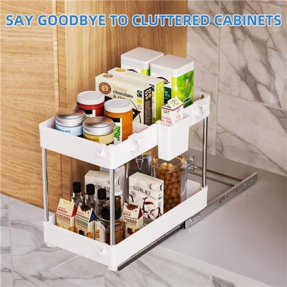 2-Tier Under Sliding Cabinet Basket Organizer with Hooks, (White) - Picture 4 of 7
